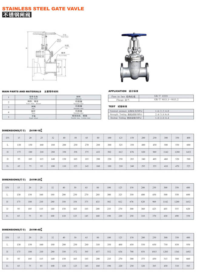 不銹鋼閘閥 Z41W系列參數(shù)